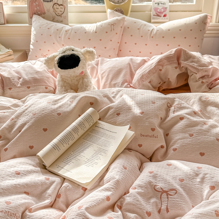 91家纺网 家纺一手货源 找家纺 柒月家居 2026新款云感皱皱纱小清新木棉四件套 少女爱心