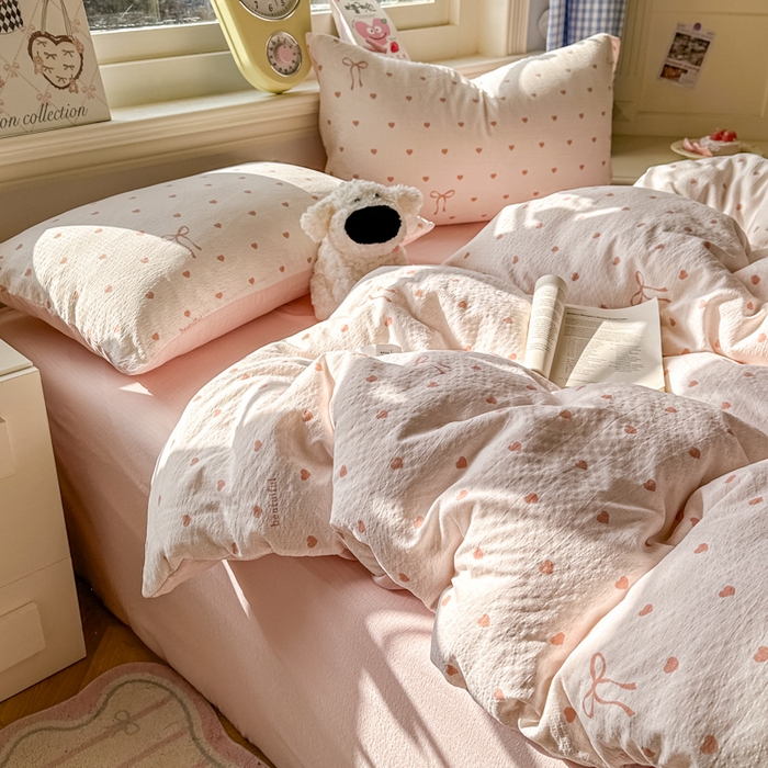 91家纺网 家纺一手货源 找家纺 柒月家居 2026新款云感皱皱纱小清新木棉四件套 少女爱心