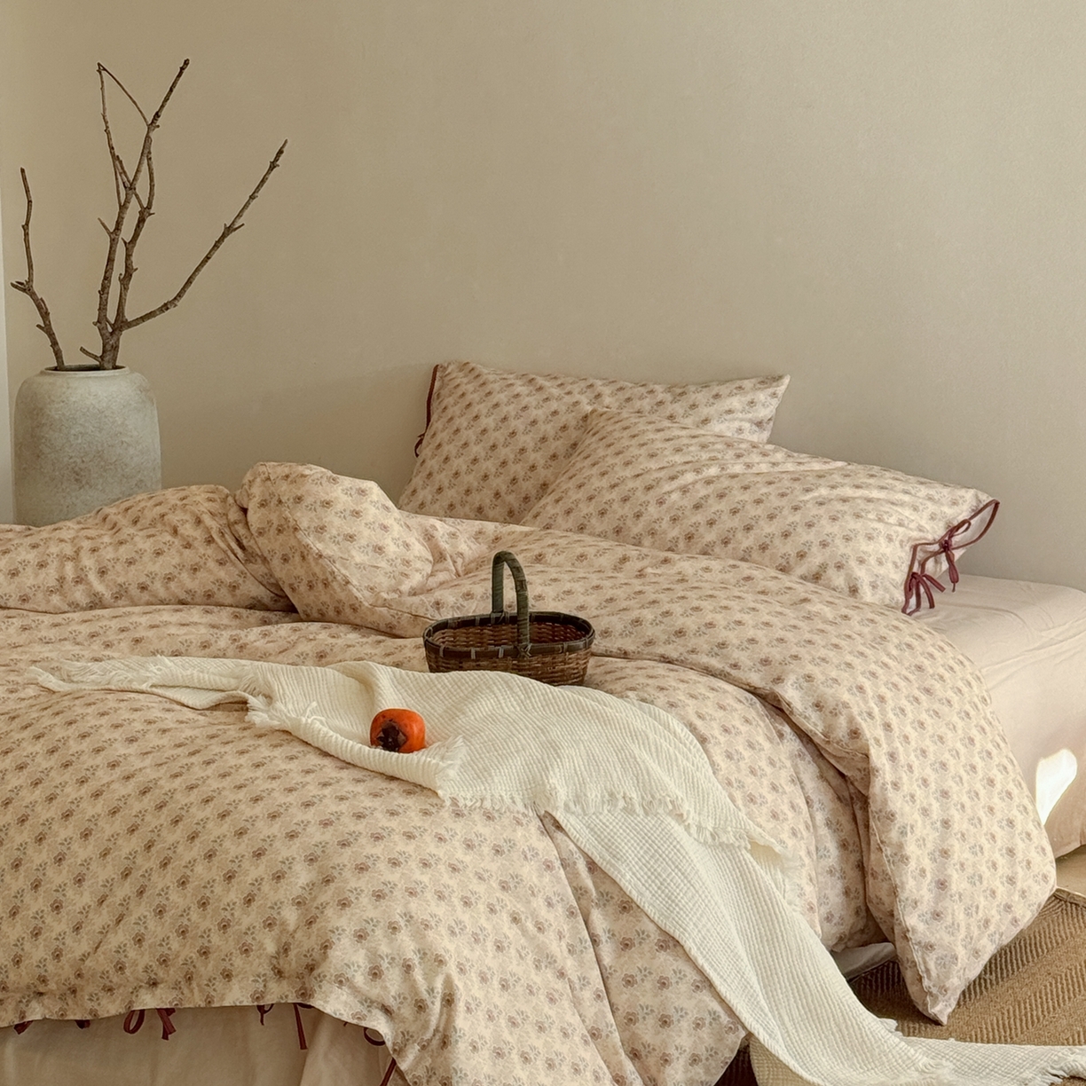 91家纺网 家纺一手货源 找家纺 涞澳家纺 2026新款全棉纯棉双层纱四件套 木槿花开