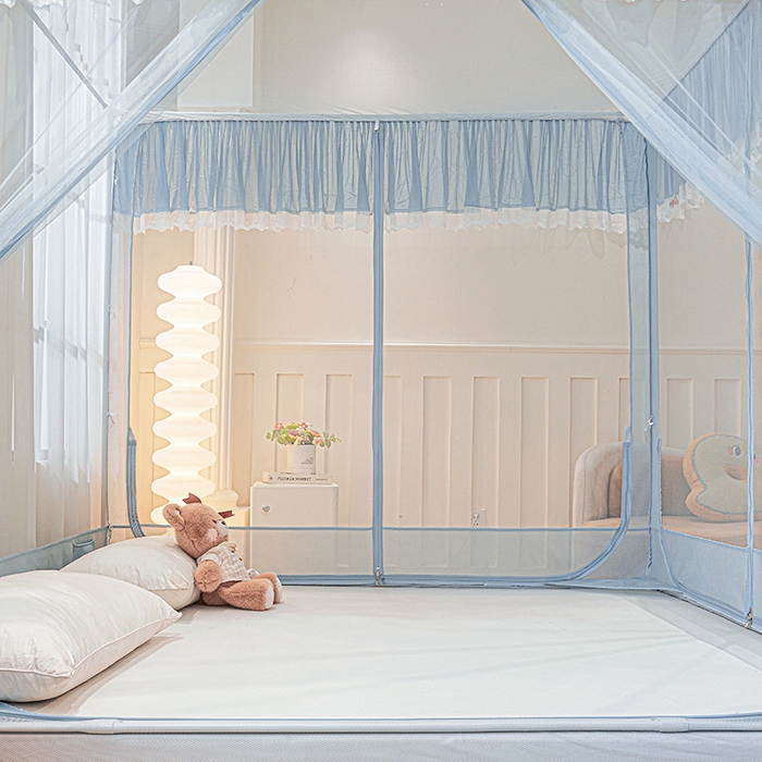 91家纺网 家纺一手货源 找家纺 （总）雪姿家纺 2026新款T+U型刺绣花边床笠回底款三开门外穿坐床蚊帐-坐床樱桃