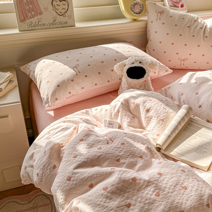 91家纺网 家纺一手货源 找家纺 柒月家居 2026新款云感皱皱纱小清新木棉四件套 少女爱心