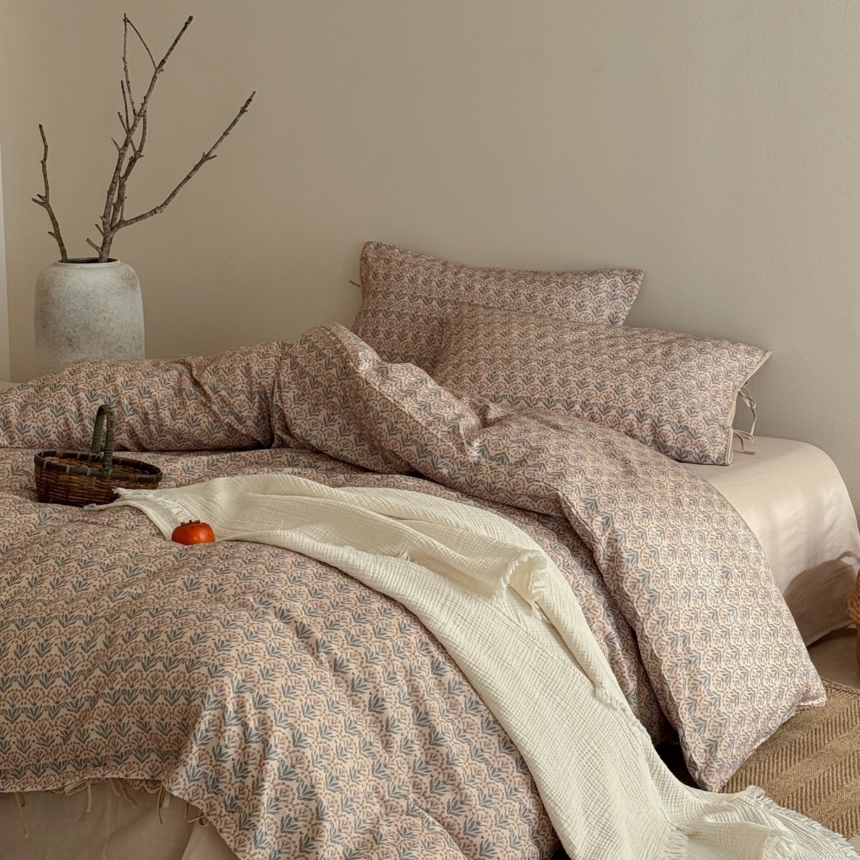 91家纺网 家纺一手货源 找家纺 涞澳家纺 2026新款全棉纯棉双层纱四件套 雨棠酌春