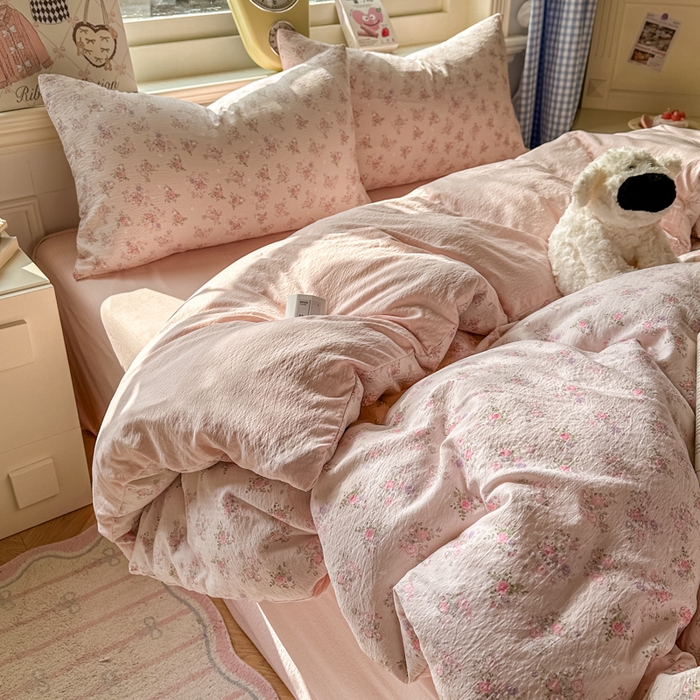 91家纺网 家纺一手货源 找家纺 柒月家居 2026新款云感皱皱纱小清新木棉四件套 碎花飘飘