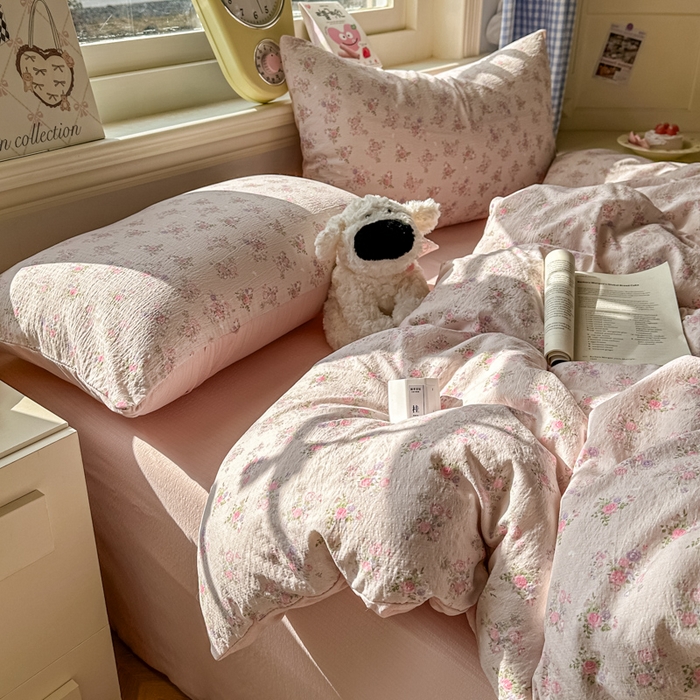 91家纺网 家纺一手货源 找家纺 柒月家居 2026新款云感皱皱纱小清新木棉四件套 碎花飘飘