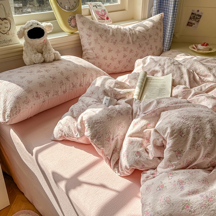 91家纺网 家纺一手货源 找家纺 柒月家居 2026新款云感皱皱纱小清新木棉四件套 碎花飘飘