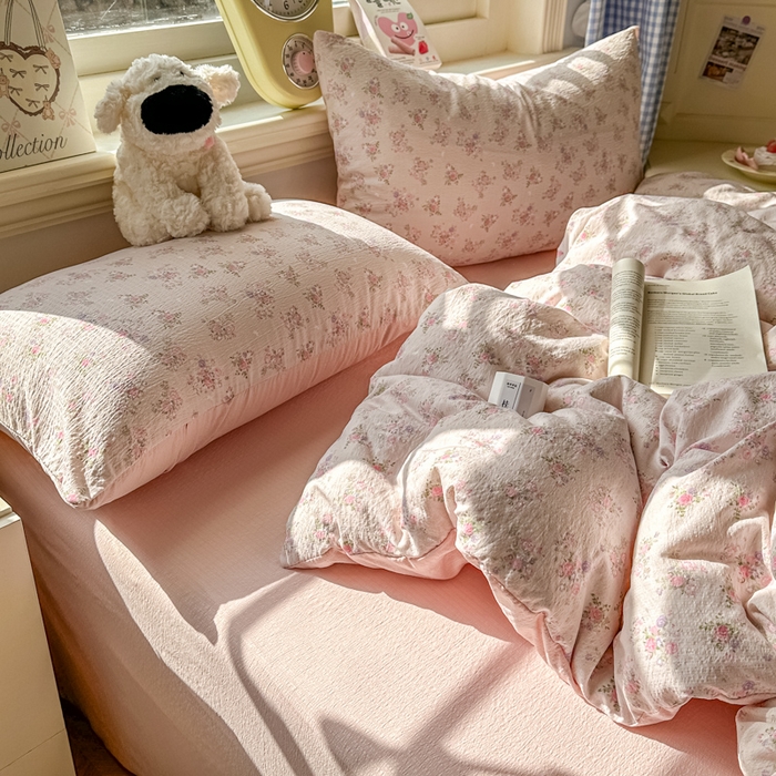 91家纺网 家纺一手货源 找家纺 柒月家居 2026新款云感皱皱纱小清新木棉四件套 碎花飘飘