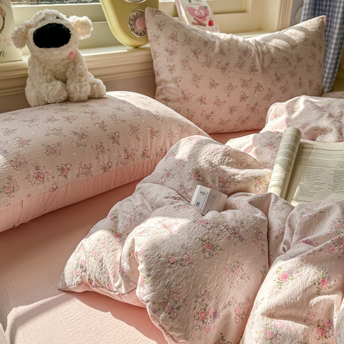 91家纺网 家纺一手货源 找家纺 柒月家居 2026新款云感皱皱纱小清新木棉四件套 碎花飘飘