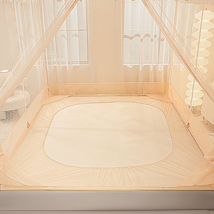 91家纺网 家纺一手货源 找家纺 雪姿家纺 2026新款T+U型刺绣花边床笠回底款三开门外穿坐床蚊帐-坐床樱桃 刺绣花边樱桃-温柔杏色