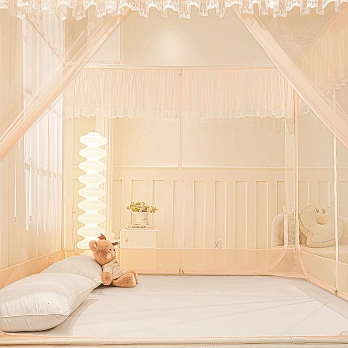 91家纺网 家纺一手货源 找家纺 雪姿家纺 2026新款T+U型刺绣花边床笠回底款三开门外穿坐床蚊帐-坐床樱桃 刺绣花边樱桃-温柔杏色