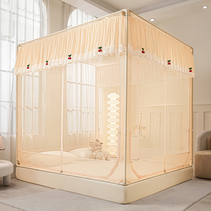 91家纺网 家纺一手货源 找家纺 雪姿家纺 2026新款T+U型刺绣花边床笠回底款三开门外穿坐床蚊帐-坐床樱桃 刺绣花边樱桃-温柔杏色