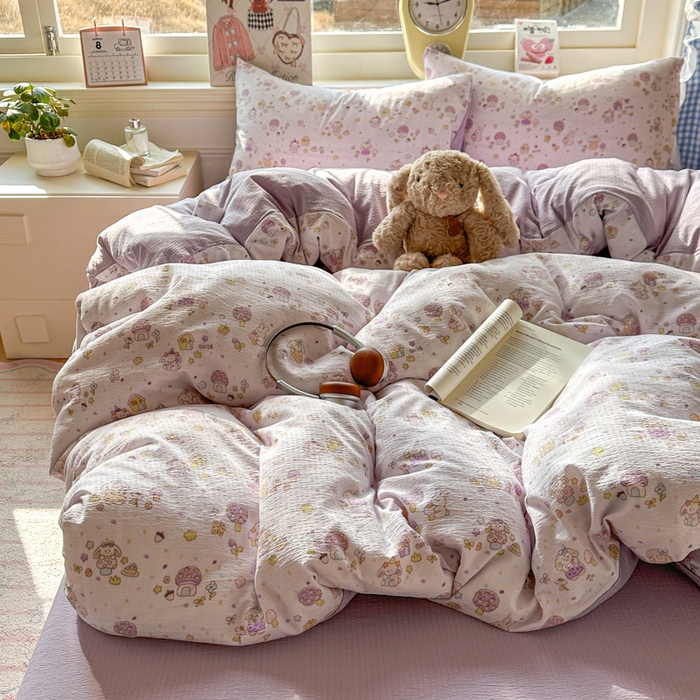 91家纺网 家纺一手货源 找家纺 柒月家居 2026新款云感皱皱纱小清新木棉四件套 小鹿洛米