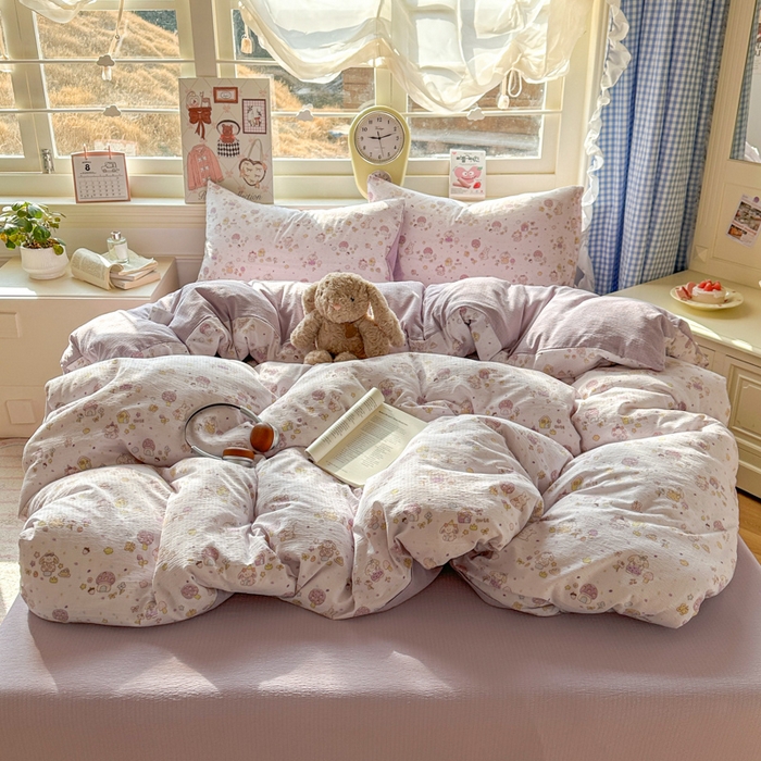 91家纺网 家纺一手货源 找家纺 柒月家居 2026新款云感皱皱纱小清新木棉四件套 小鹿洛米