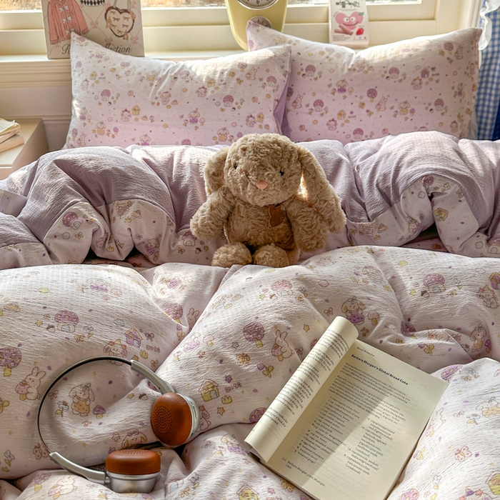 91家纺网 家纺一手货源 找家纺 柒月家居 2026新款云感皱皱纱小清新木棉四件套 小鹿洛米