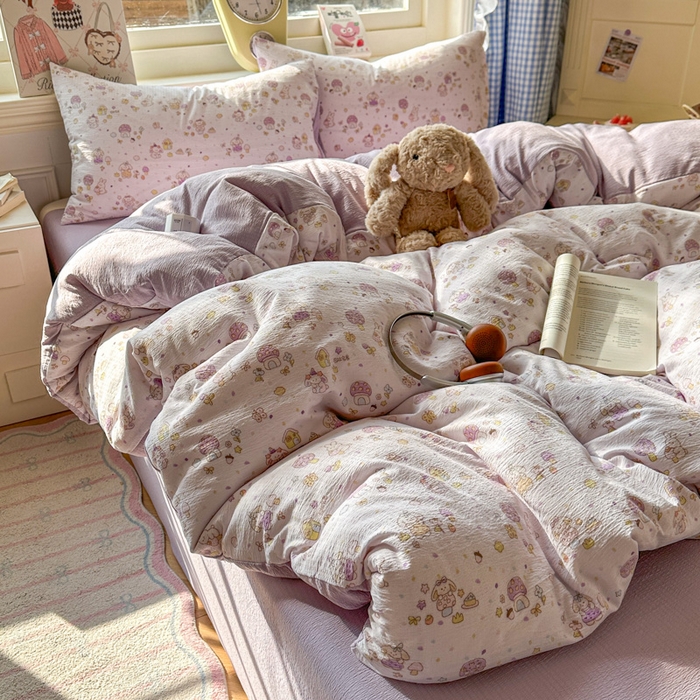 91家纺网 家纺一手货源 找家纺 柒月家居 2026新款云感皱皱纱小清新木棉四件套 小鹿洛米