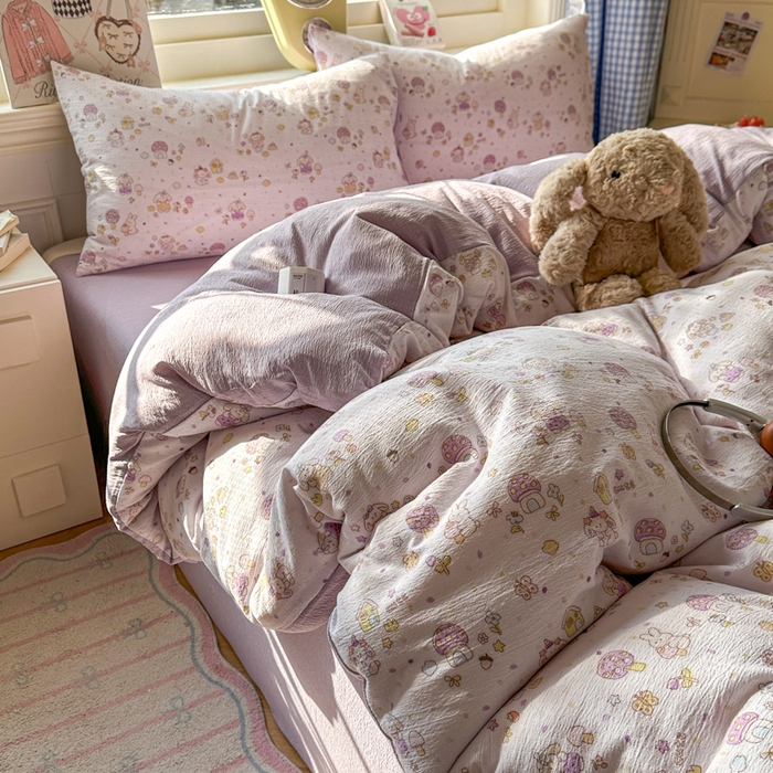 91家纺网 家纺一手货源 找家纺 柒月家居 2026新款云感皱皱纱小清新木棉四件套 小鹿洛米