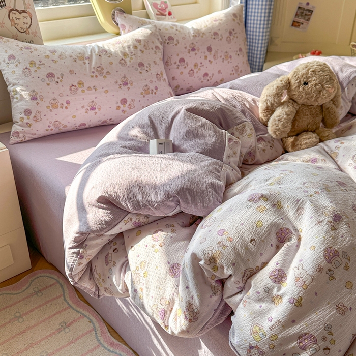 91家纺网 家纺一手货源 找家纺 柒月家居 2026新款云感皱皱纱小清新木棉四件套 小鹿洛米