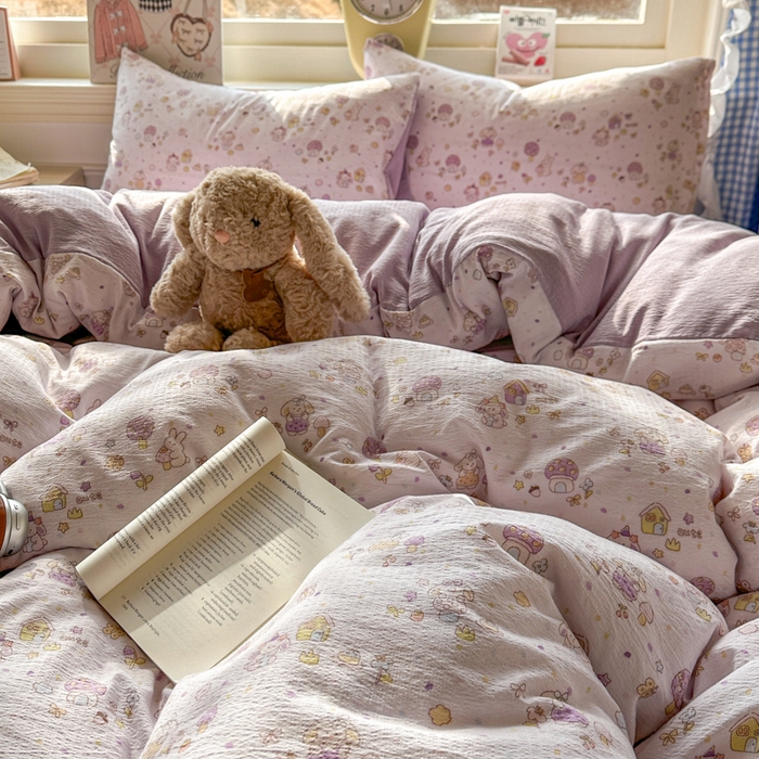 91家纺网 家纺一手货源 找家纺 柒月家居 2026新款云感皱皱纱小清新木棉四件套 小鹿洛米