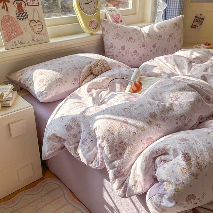 91家纺网 家纺一手货源 找家纺 柒月家居 2026新款云感皱皱纱小清新木棉四件套 小鹿洛米