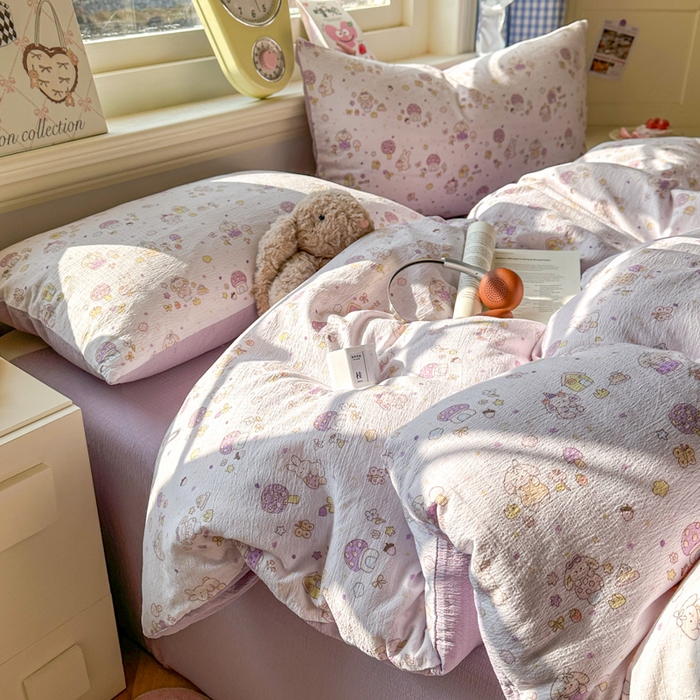 91家纺网 家纺一手货源 找家纺 柒月家居 2026新款云感皱皱纱小清新木棉四件套 小鹿洛米