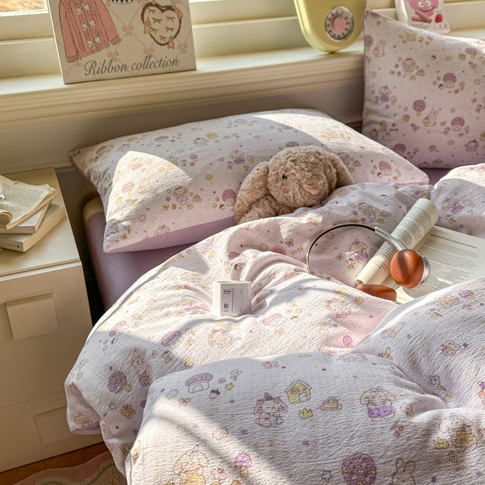 91家纺网 家纺一手货源 找家纺 柒月家居 2026新款云感皱皱纱小清新木棉四件套 小鹿洛米