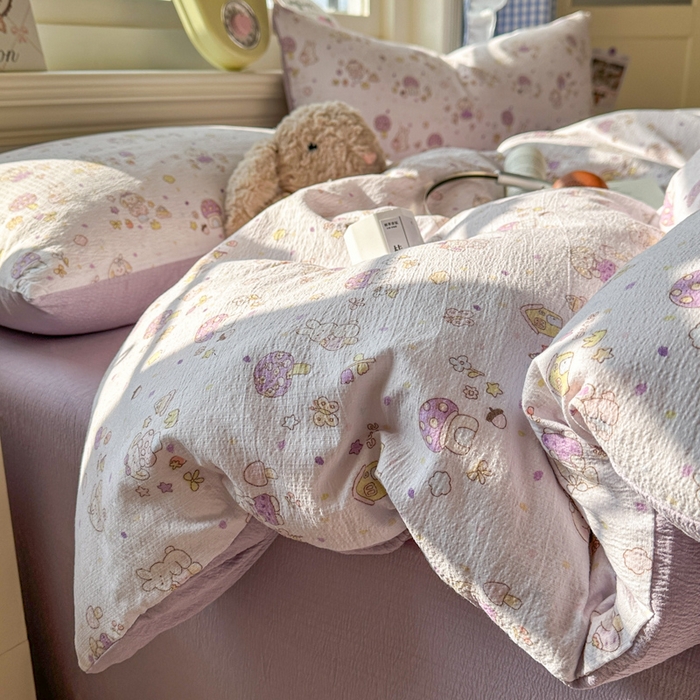 91家纺网 家纺一手货源 找家纺 柒月家居 2026新款云感皱皱纱小清新木棉四件套 小鹿洛米