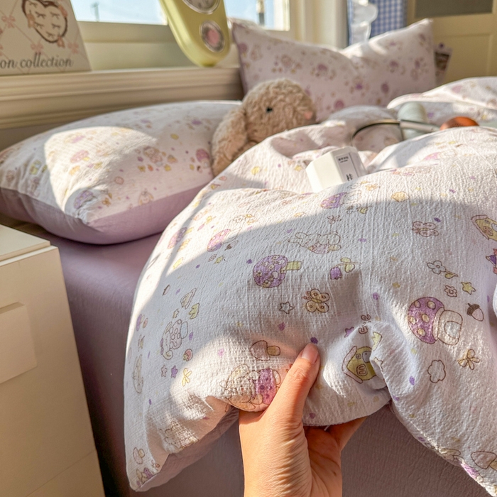 91家纺网 家纺一手货源 找家纺 柒月家居 2026新款云感皱皱纱小清新木棉四件套 小鹿洛米