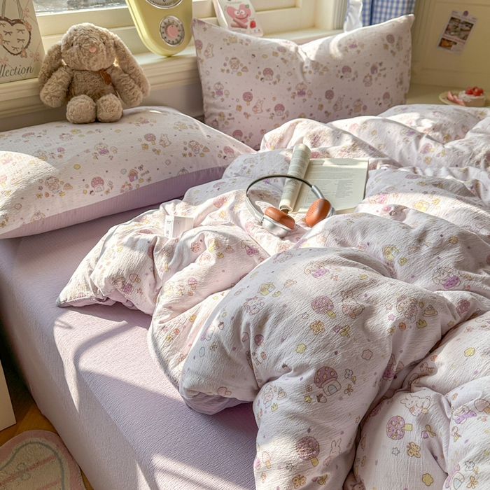 91家纺网 家纺一手货源 找家纺 柒月家居 2026新款云感皱皱纱小清新木棉四件套 小鹿洛米