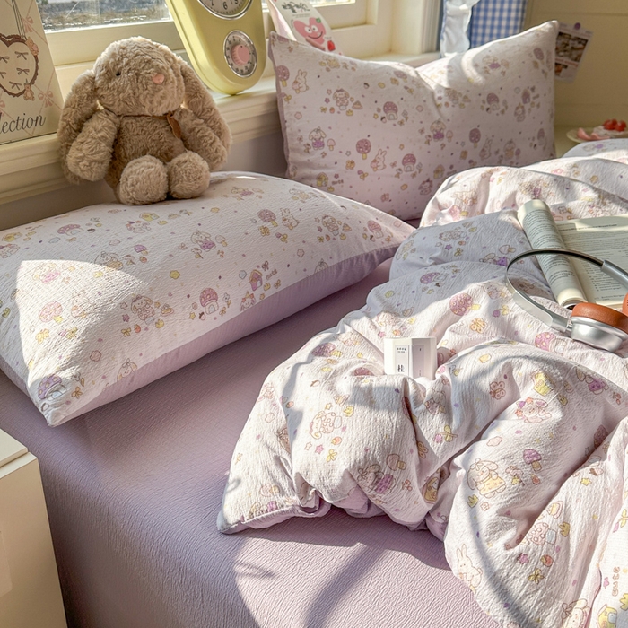 91家纺网 家纺一手货源 找家纺 柒月家居 2026新款云感皱皱纱小清新木棉四件套 小鹿洛米