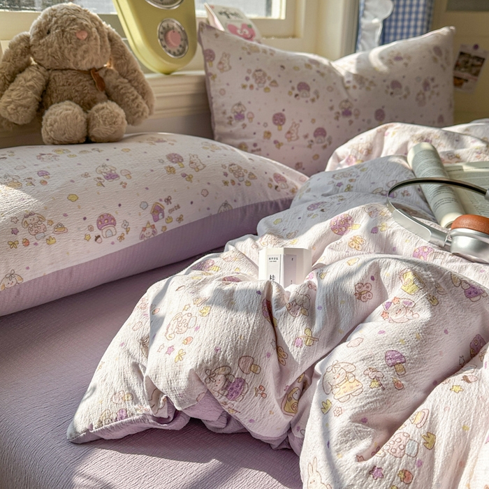 91家纺网 家纺一手货源 找家纺 柒月家居 2026新款云感皱皱纱小清新木棉四件套 小鹿洛米