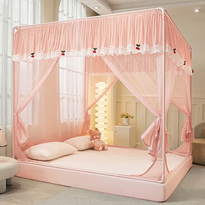 雪姿家纺 2026新款T+U型刺绣花边床笠回底款三开门外穿坐床蚊帐-坐床樱桃 刺绣花边樱桃-温馨粉玉