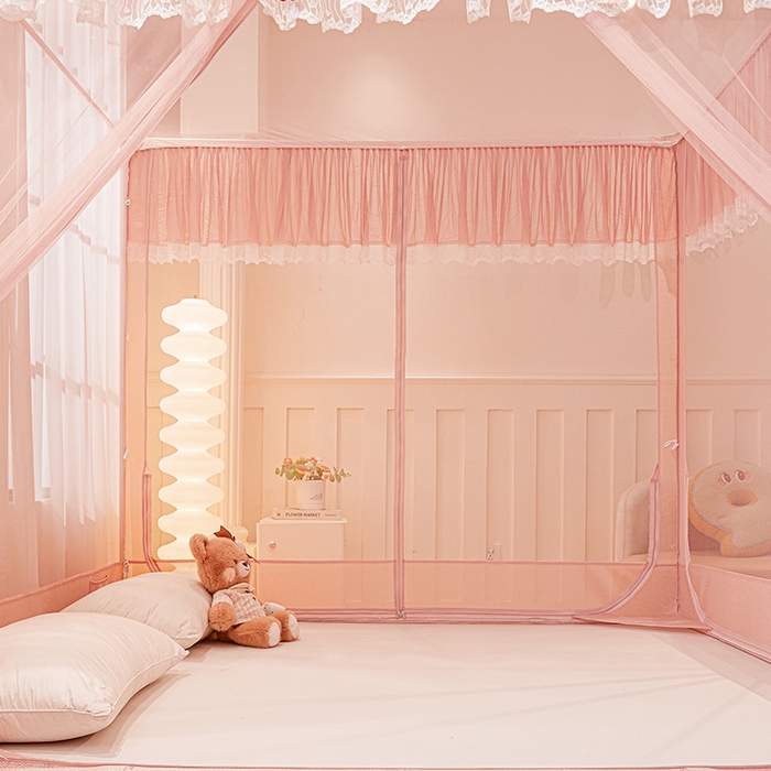 91家纺网 家纺一手货源 找家纺 雪姿家纺 2026新款T+U型刺绣花边床笠回底款三开门外穿坐床蚊帐-坐床樱桃 刺绣花边樱桃-温馨粉玉