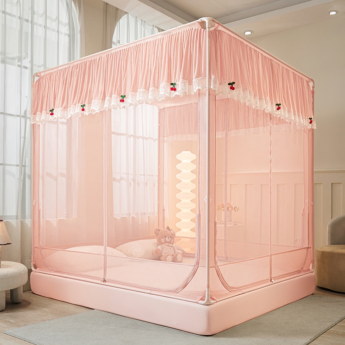 91家纺网 家纺一手货源 找家纺 雪姿家纺 2026新款T+U型刺绣花边床笠回底款三开门外穿坐床蚊帐-坐床樱桃 刺绣花边樱桃-温馨粉玉