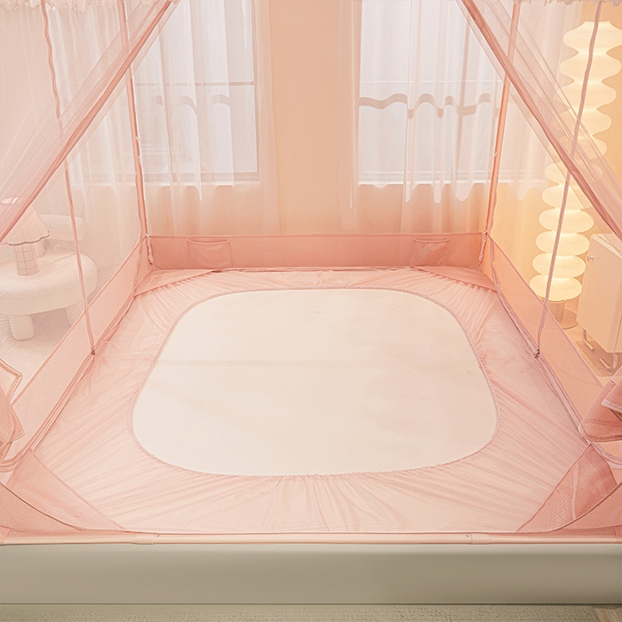 91家纺网 家纺一手货源 找家纺 雪姿家纺 2026新款T+U型刺绣花边床笠回底款三开门外穿坐床蚊帐-坐床樱桃 刺绣花边樱桃-温馨粉玉