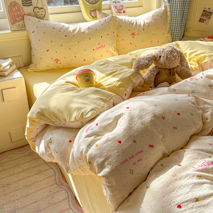 91家纺网 家纺一手货源 找家纺 柒月家居 2026新款云感皱皱纱小清新木棉四件套 幸运星