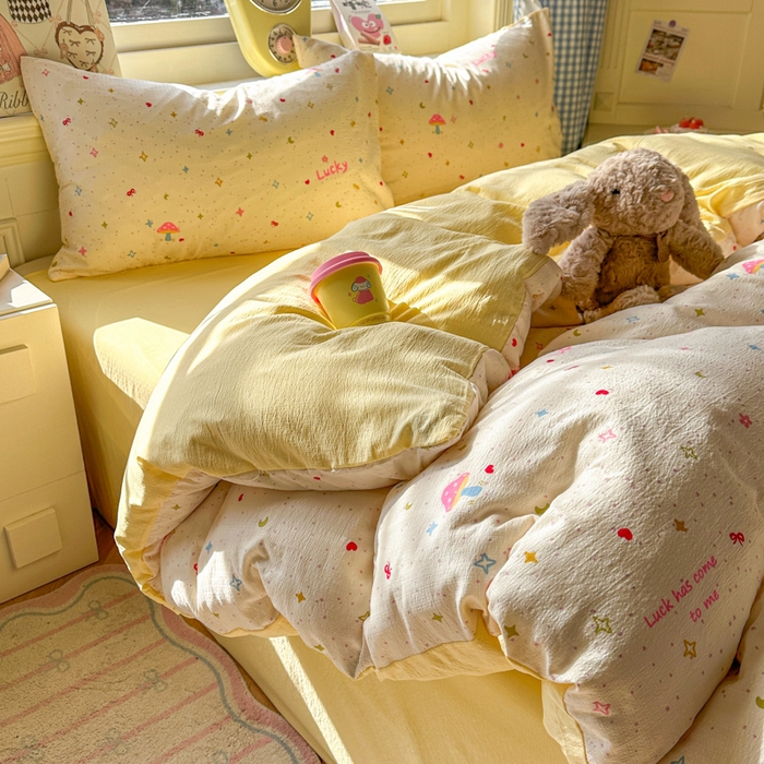 91家纺网 家纺一手货源 找家纺 柒月家居 2026新款云感皱皱纱小清新木棉四件套 幸运星