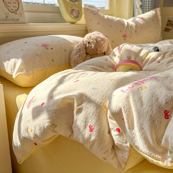 91家纺网 家纺一手货源 找家纺 柒月家居 2026新款云感皱皱纱小清新木棉四件套 幸运星