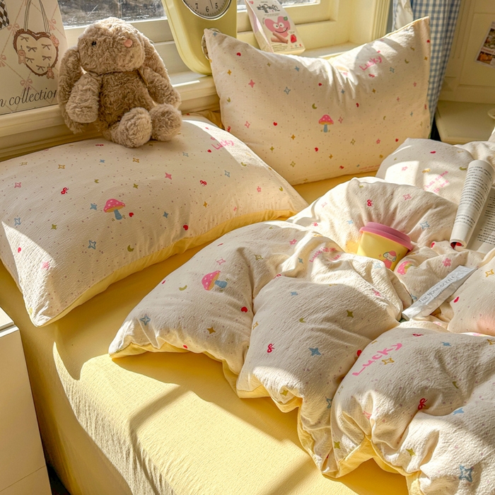 91家纺网 家纺一手货源 找家纺 柒月家居 2026新款云感皱皱纱小清新木棉四件套 幸运星