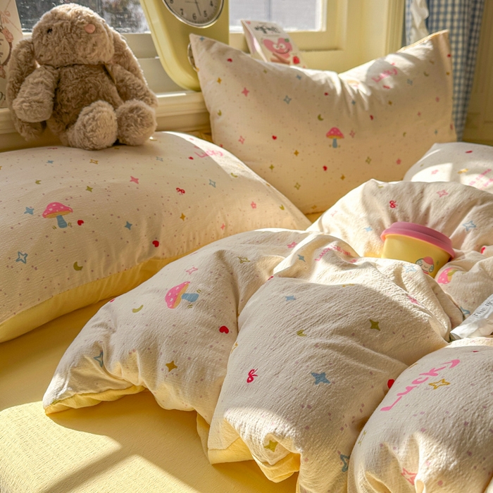 91家纺网 家纺一手货源 找家纺 柒月家居 2026新款云感皱皱纱小清新木棉四件套 幸运星