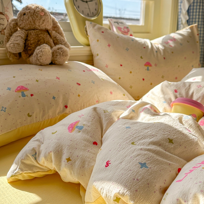 91家纺网 家纺一手货源 找家纺 柒月家居 2026新款云感皱皱纱小清新木棉四件套 幸运星