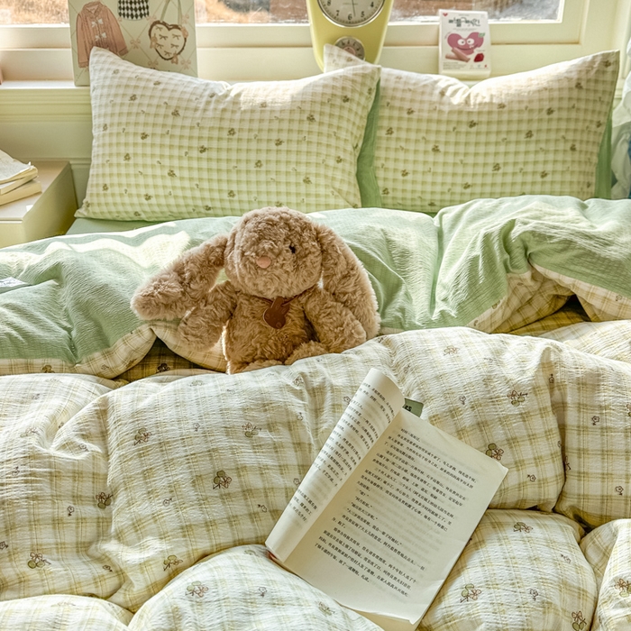 91家纺网 家纺一手货源 找家纺 柒月家居 2026新款云感皱皱纱小清新木棉四件套 左伊