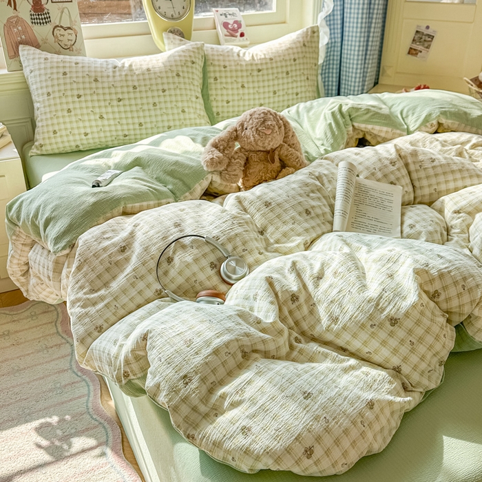 91家纺网 家纺一手货源 找家纺 柒月家居 2026新款云感皱皱纱小清新木棉四件套 左伊