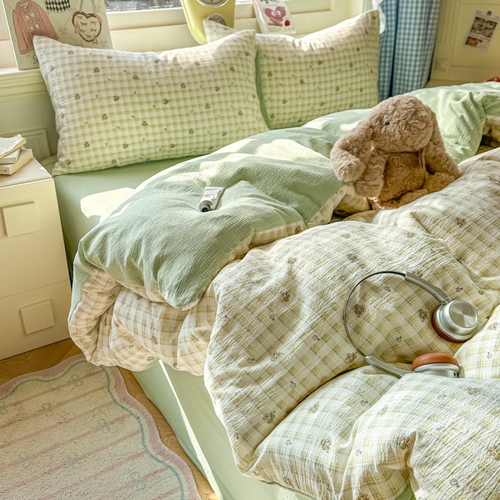 91家纺网 家纺一手货源 找家纺 柒月家居 2026新款云感皱皱纱小清新木棉四件套 左伊