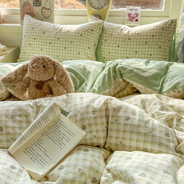 91家纺网 家纺一手货源 找家纺 柒月家居 2026新款云感皱皱纱小清新木棉四件套 左伊