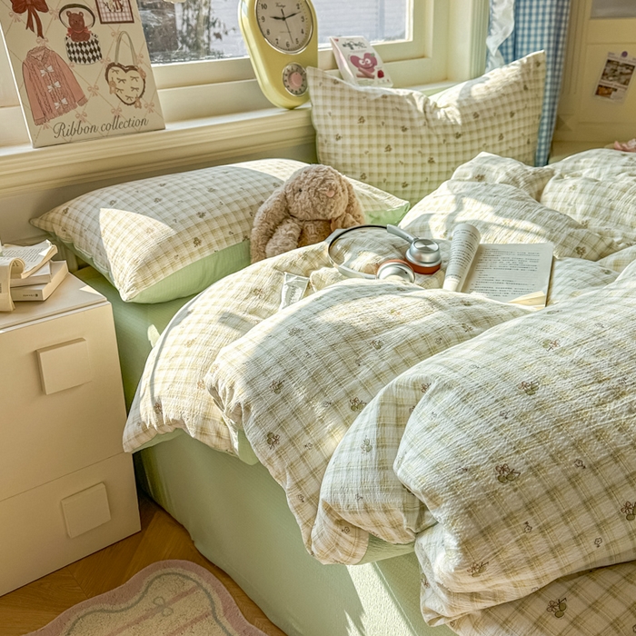 91家纺网 家纺一手货源 找家纺 柒月家居 2026新款云感皱皱纱小清新木棉四件套 左伊