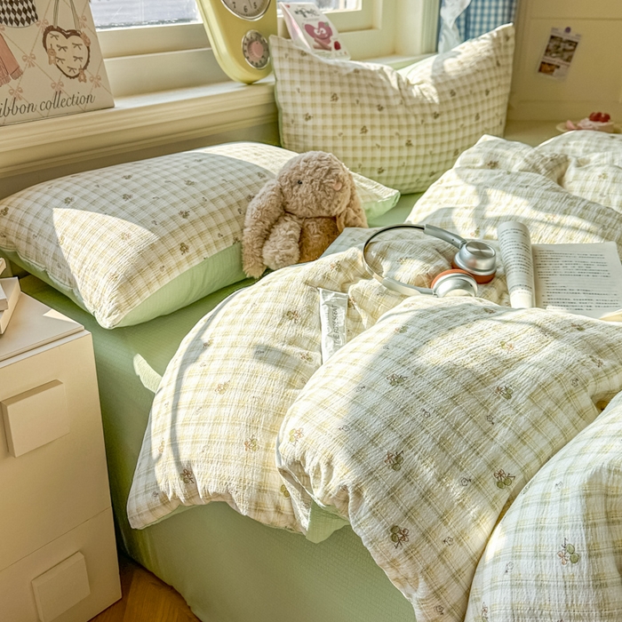 91家纺网 家纺一手货源 找家纺 柒月家居 2026新款云感皱皱纱小清新木棉四件套 左伊