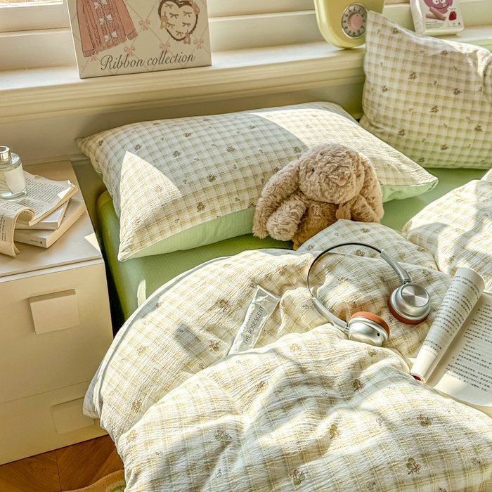 91家纺网 家纺一手货源 找家纺 柒月家居 2026新款云感皱皱纱小清新木棉四件套 左伊