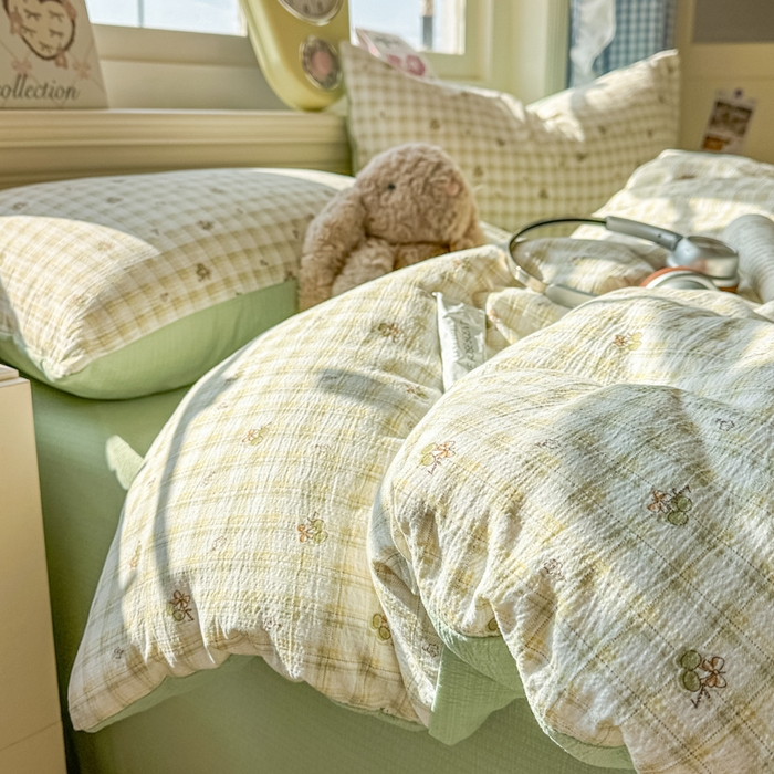 91家纺网 家纺一手货源 找家纺 柒月家居 2026新款云感皱皱纱小清新木棉四件套 左伊