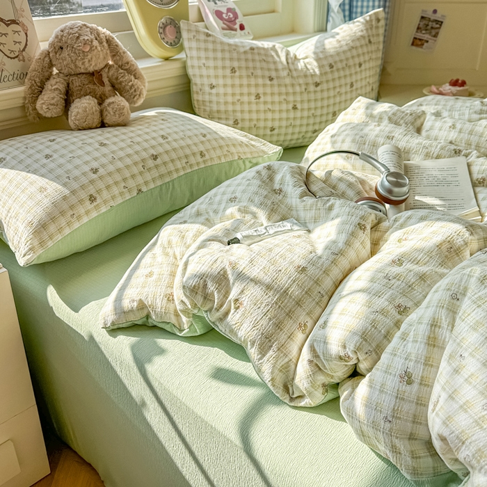 91家纺网 家纺一手货源 找家纺 柒月家居 2026新款云感皱皱纱小清新木棉四件套 左伊