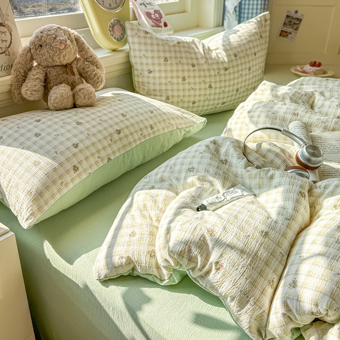 91家纺网 家纺一手货源 找家纺 柒月家居 2026新款云感皱皱纱小清新木棉四件套 左伊