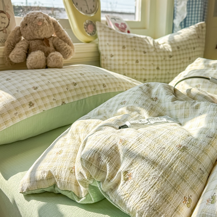 91家纺网 家纺一手货源 找家纺 柒月家居 2026新款云感皱皱纱小清新木棉四件套 左伊